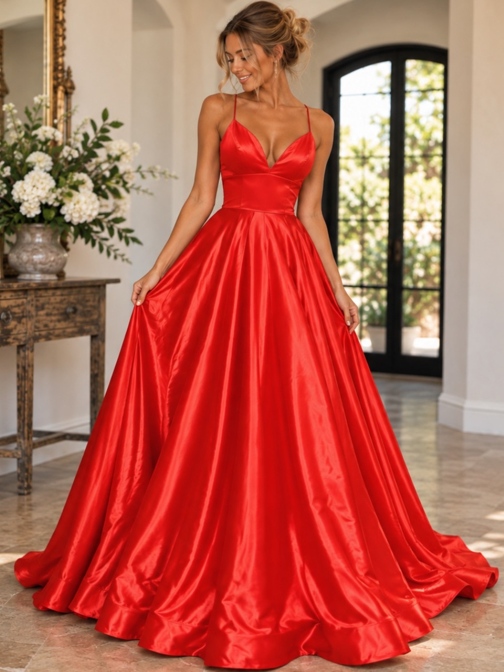 Stacees Red Satin Lace-Up Back Spaghetti Strap Formal Gown Size 6